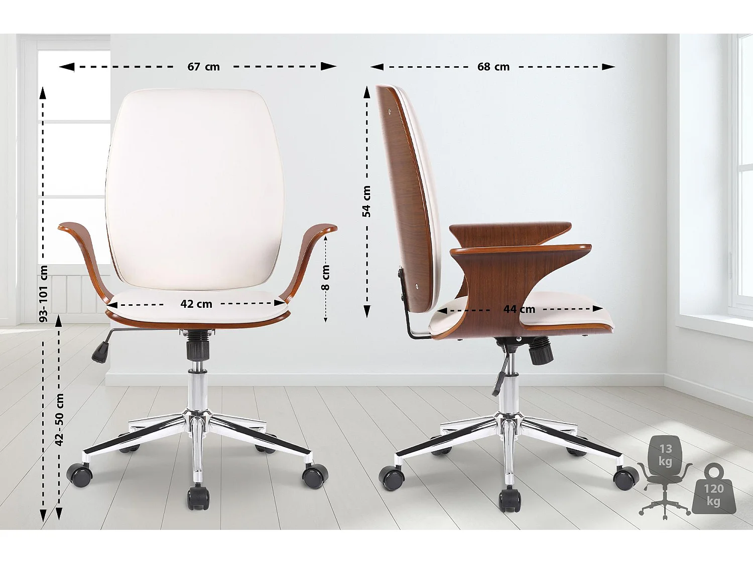 Bureaustoel - Kunstleer & Metaal in chroomoptiek - walnoot/wit - Burbank