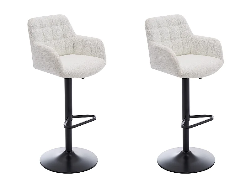 Lot de 2 tabourets de bar en tissu bouclette et métal noir - Hauteur réglable - Blanc - PEGA de Pascal MORABITO