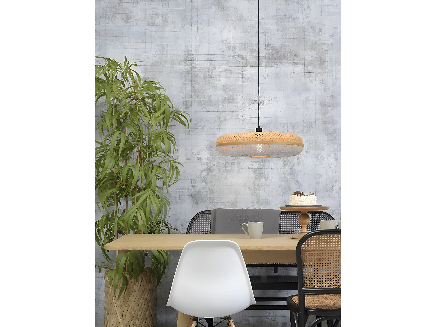 Suspension ronde en bambou bicolore marron et blanc