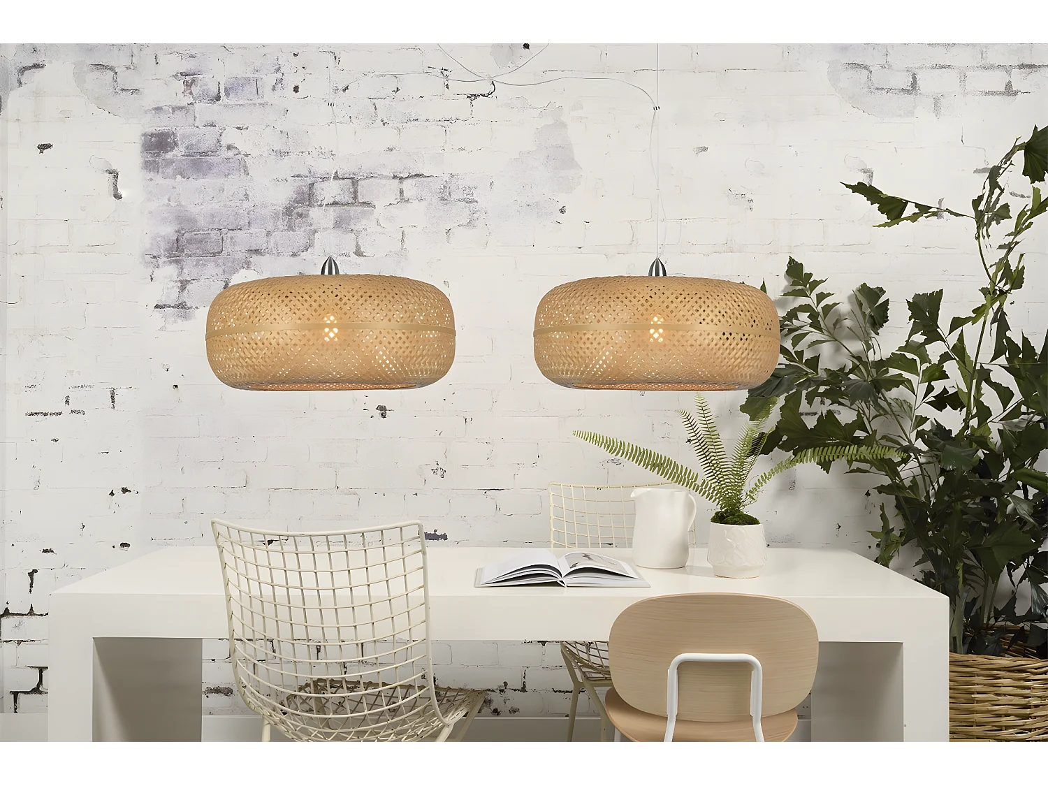 Sospensione doppia in bamboo marrone intrecciato