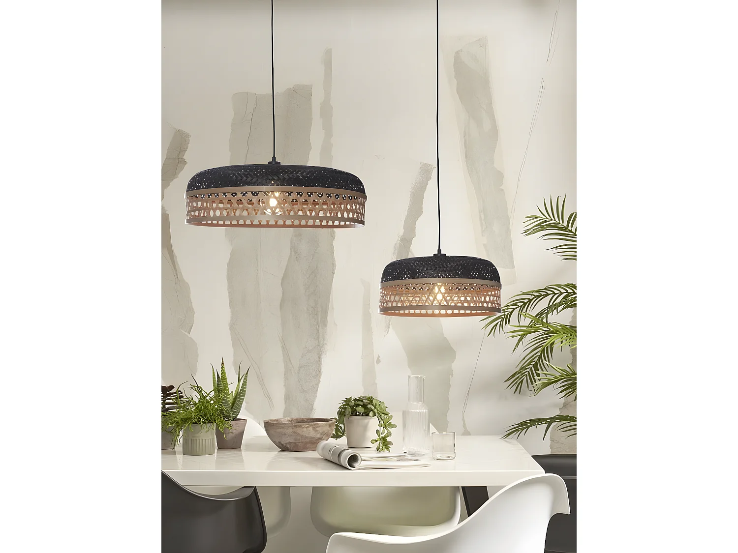 Suspension double ronde en bambou multicolore