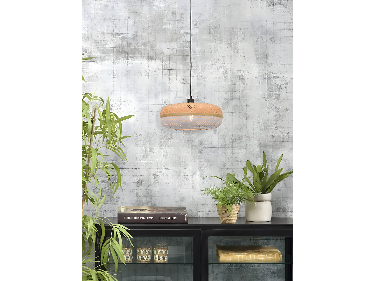 Suspension ronde en bambou tressé bicolore marron et blanc