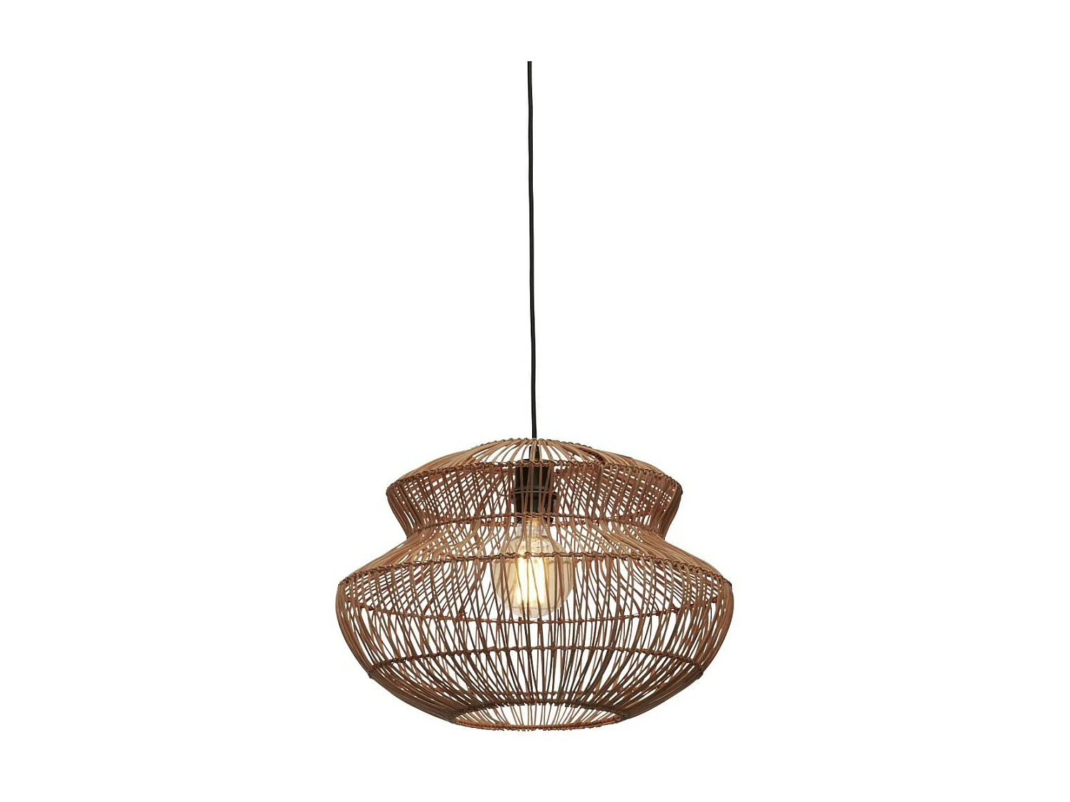 Suspension ronde en rotin beige avec fil noir gainé