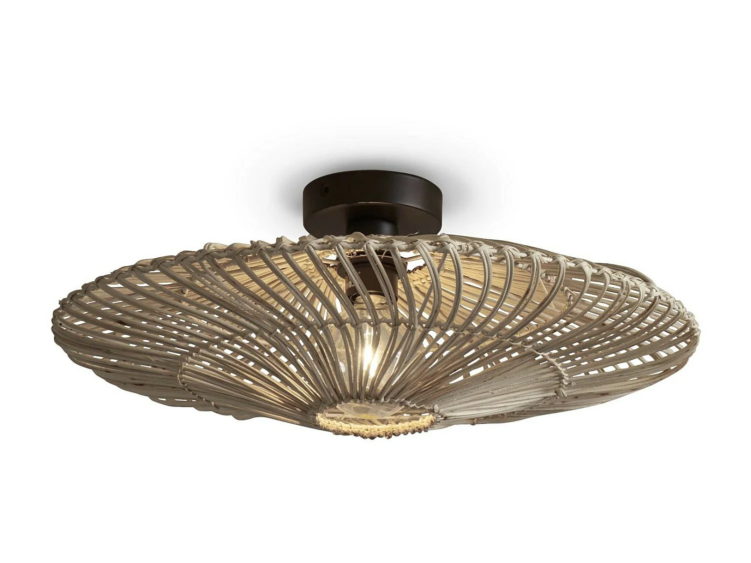 Plafonnier rond en rotin blanc avec base en métal