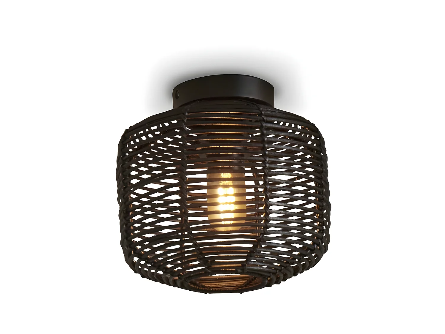 Ronde zwarte rotan plafondlamp met zwarte voet