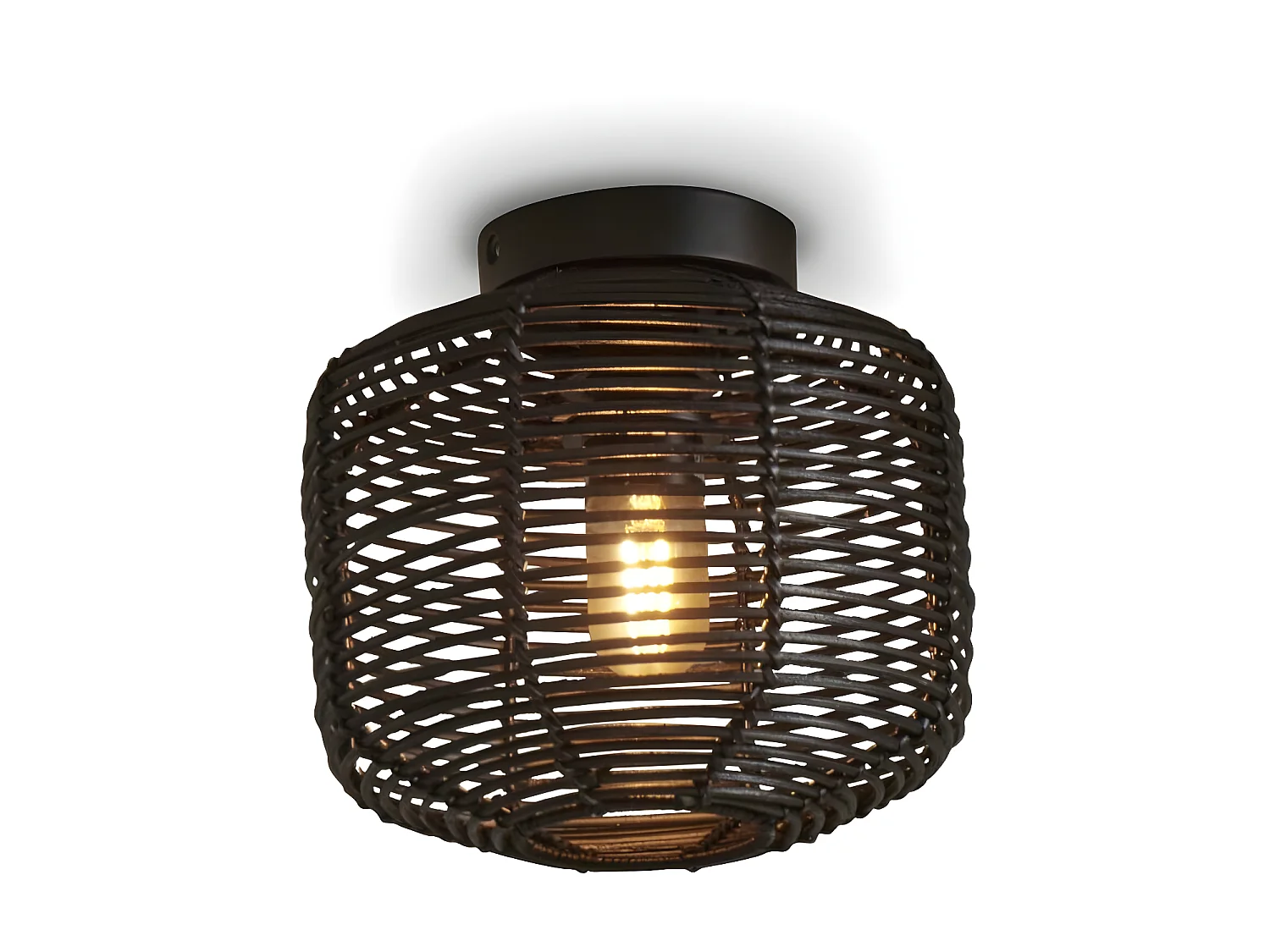 Ronde zwarte rotan plafondlamp met zwarte voet