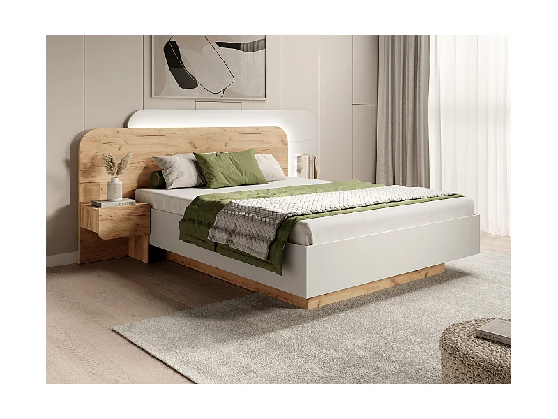 Lit avec chevets 160 x 200 cm - Avec LEDs - Coloris : Naturel et blanc + Sommier - DESADO