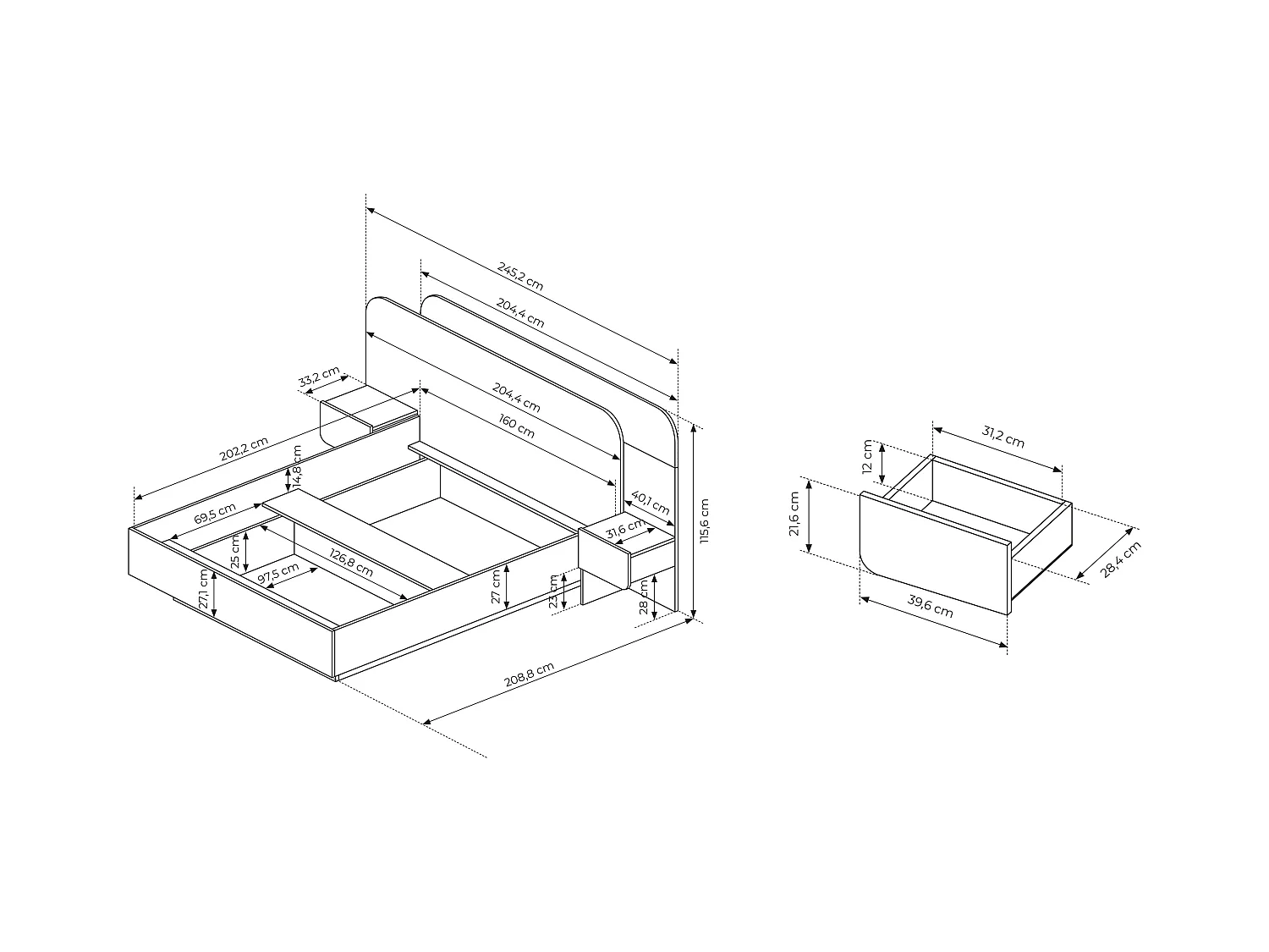 Bett mit Nachttischen + Lattenrost - 160 x 200 cm - Mit LED-Beleuchtung - Holzfarben & Weiß - DESADO