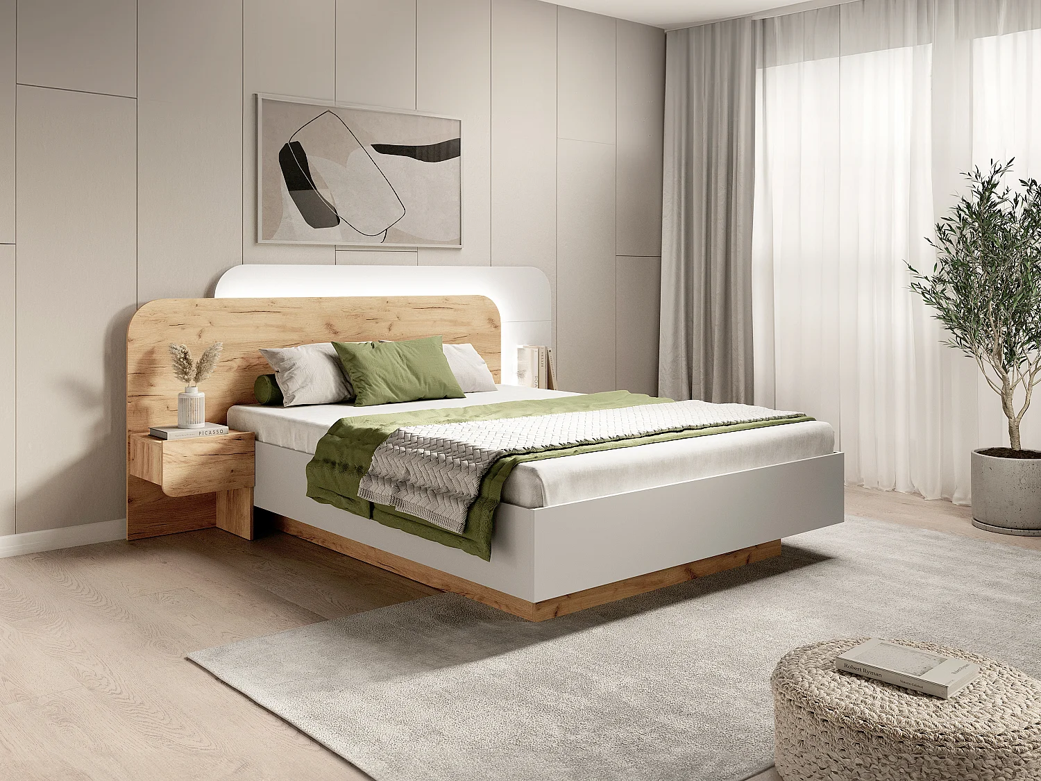 Lit avec chevets 160 x 200 cm - Avec LEDs - Coloris : Naturel et blanc + Sommier - DESADO