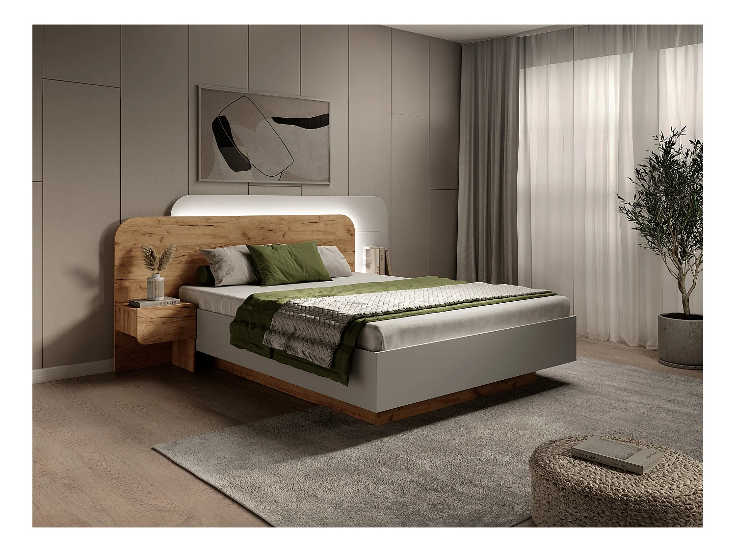 Bed met nachtkastjes – 160 x 200 cm – Met ledverlichting – Kleuren: houtlook en wit – Met bedbodem – DESADO