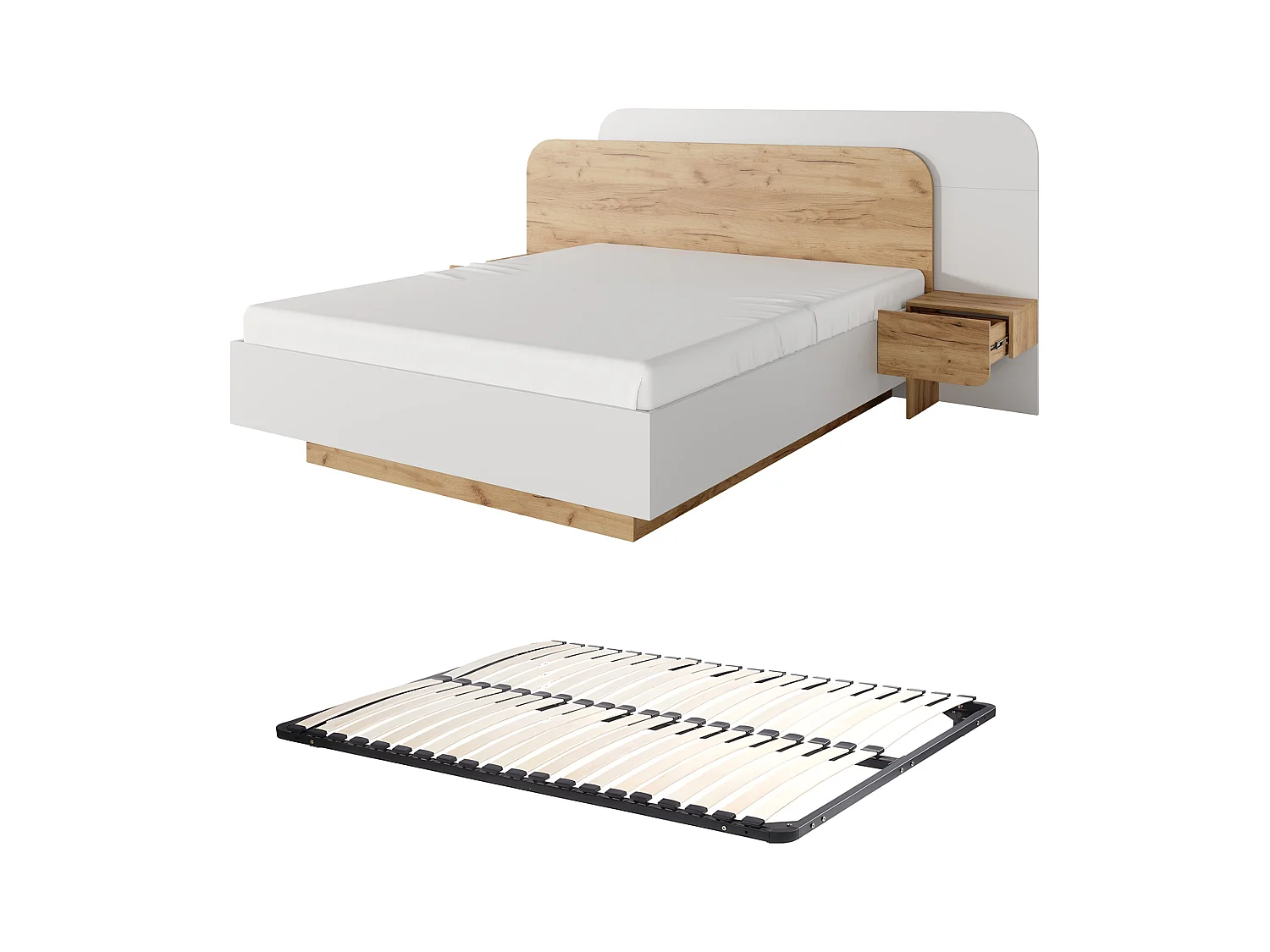 Bed met nachtkastjes – 160 x 200 cm – Met ledverlichting – Kleuren: houtlook en wit – Met bedbodem – DESADO