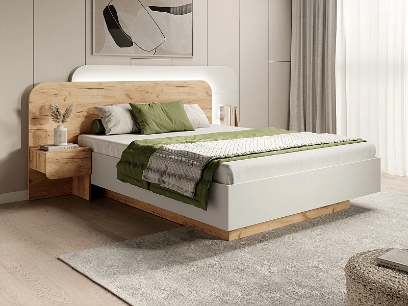 Łóżko z szafkami nocnymi 160 x 200 cm - Z oświetleniem LED - Naturalny i biały + Stelaż + Materac - DESADO
