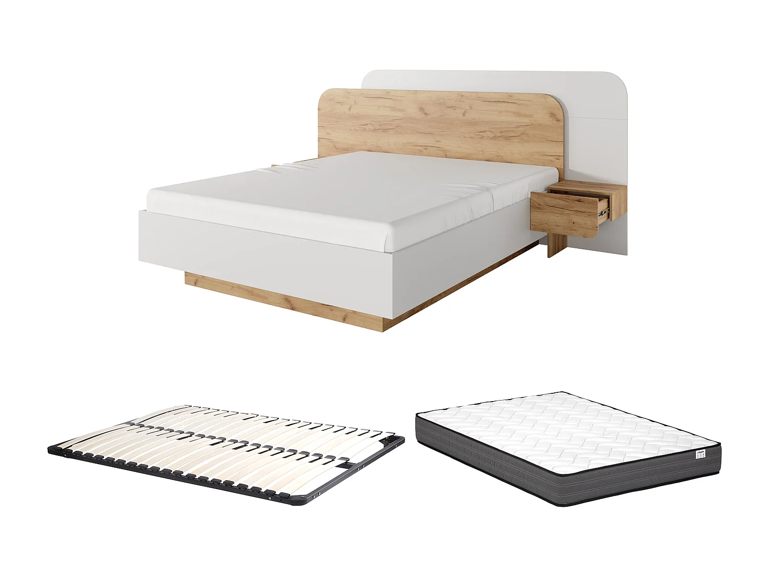 Lit avec chevets 160 x 200 cm - Avec LEDs - Coloris : Naturel et blanc + Sommier + Matelas - DESADO