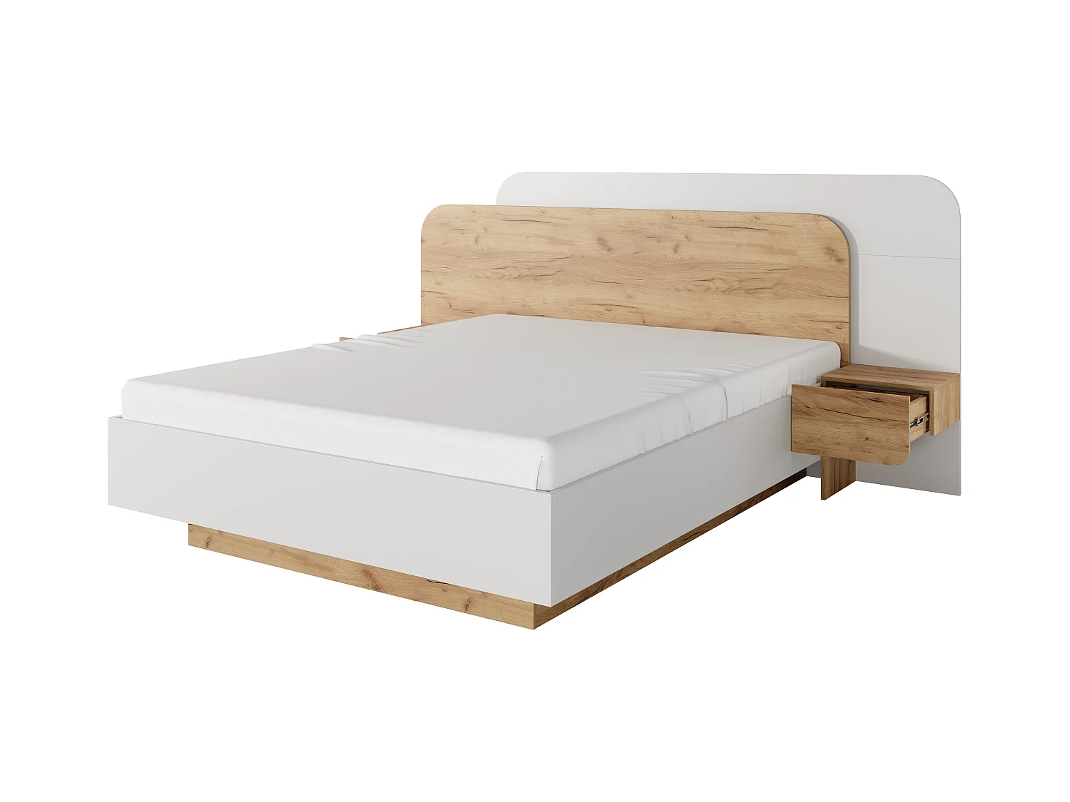 Bett mit Nachttischen + Lattenrost + Matratze - 160 x 200 cm - Mit LED-Beleuchtung - Holzfarben & Weiß - DESADO