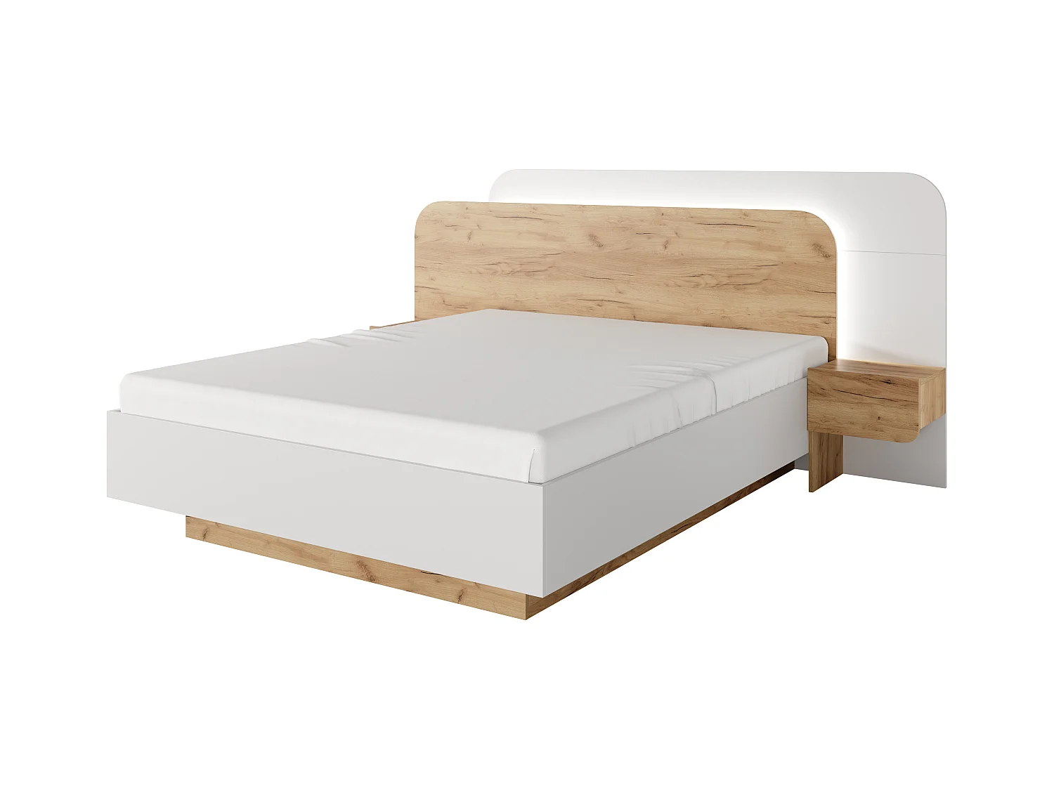 Bett mit Nachttischen + Lattenrost + Matratze - 160 x 200 cm - Mit LED-Beleuchtung - Holzfarben & Weiß - DESADO