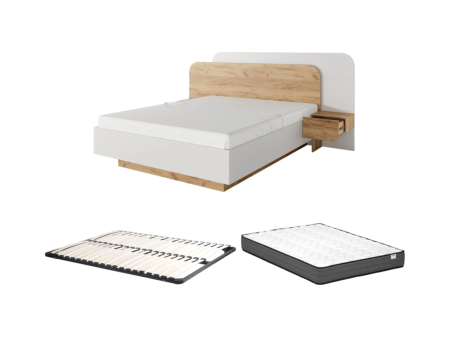 Bett mit Nachttischen + Lattenrost + Matratze - 160 x 200 cm - Mit LED-Beleuchtung - Holzfarben & Weiß - DESADO
