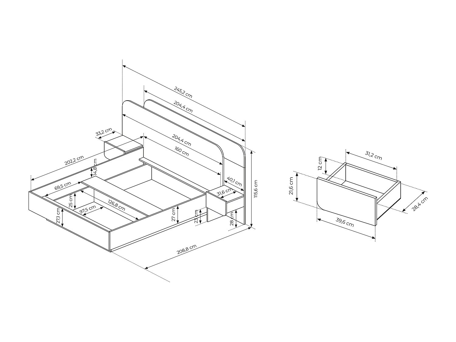 Cama com mesas de cabeceira 160x200 cm, com LEDs cor natural e branco + estrado + colchão - DESADO