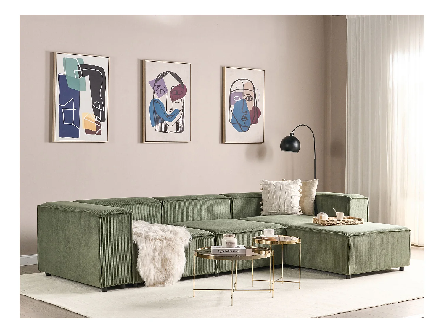 Driezitsbank met ottomaan corduroy groen APRICA