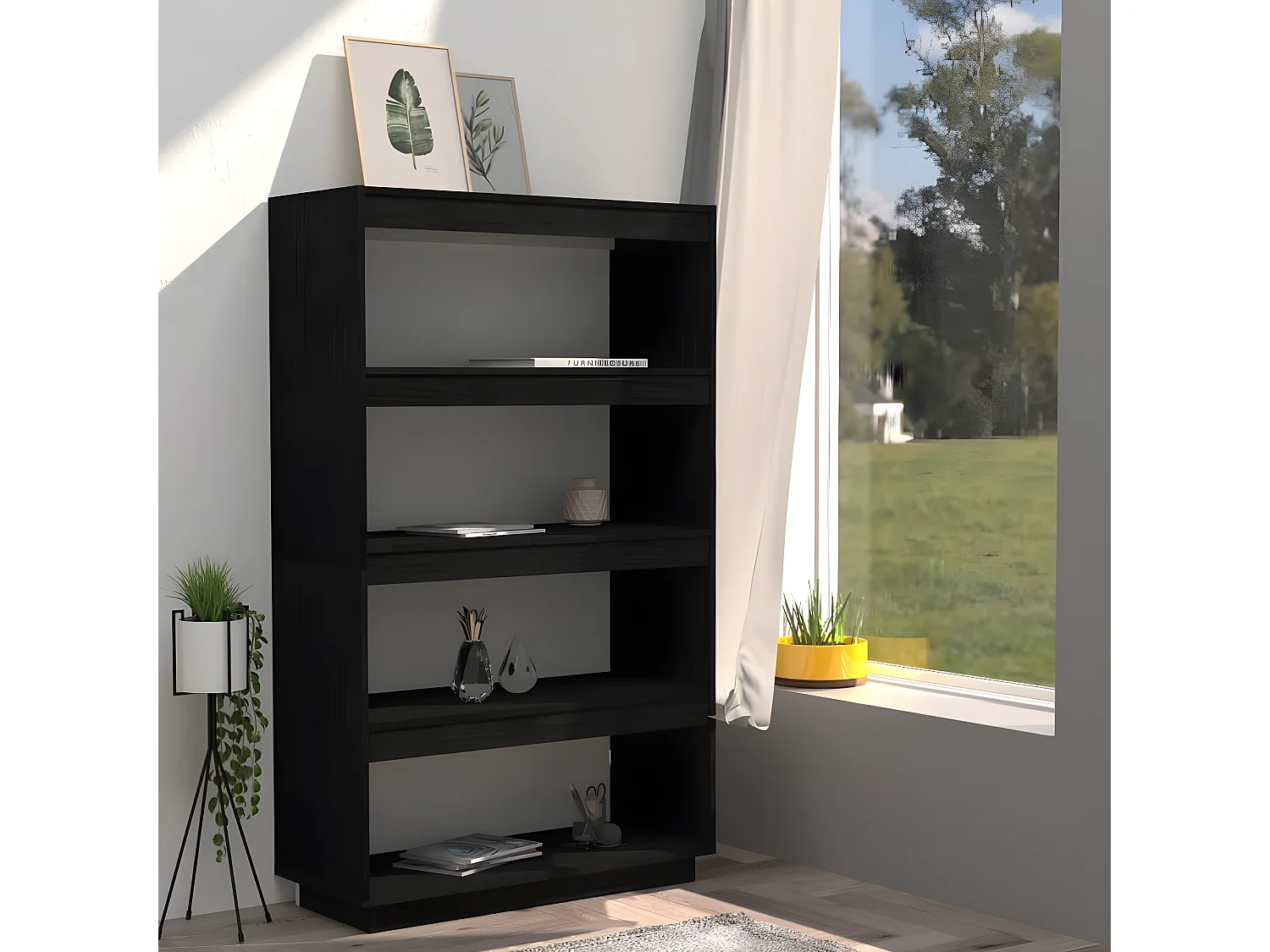 Bibliothèque-Séparateur de pièce Noir 80x35x135 Pin massif