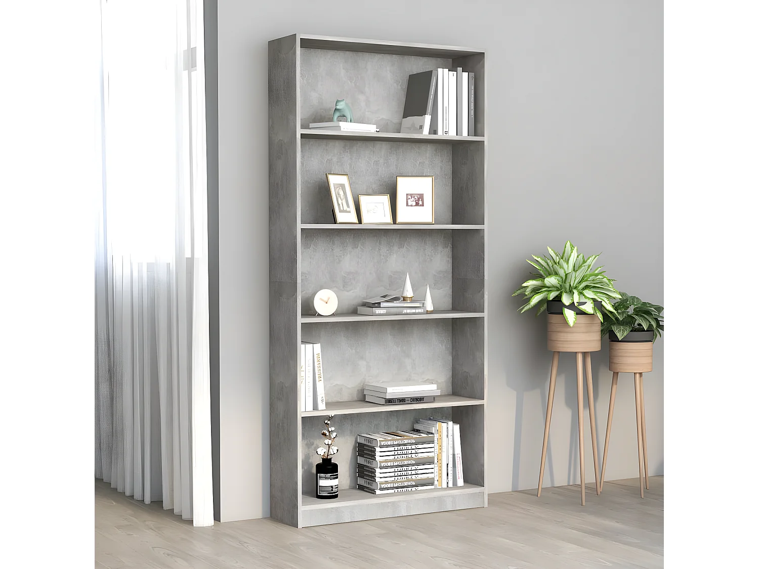 Bibliothèque à 5 niveaux Gris béton 80x24x175