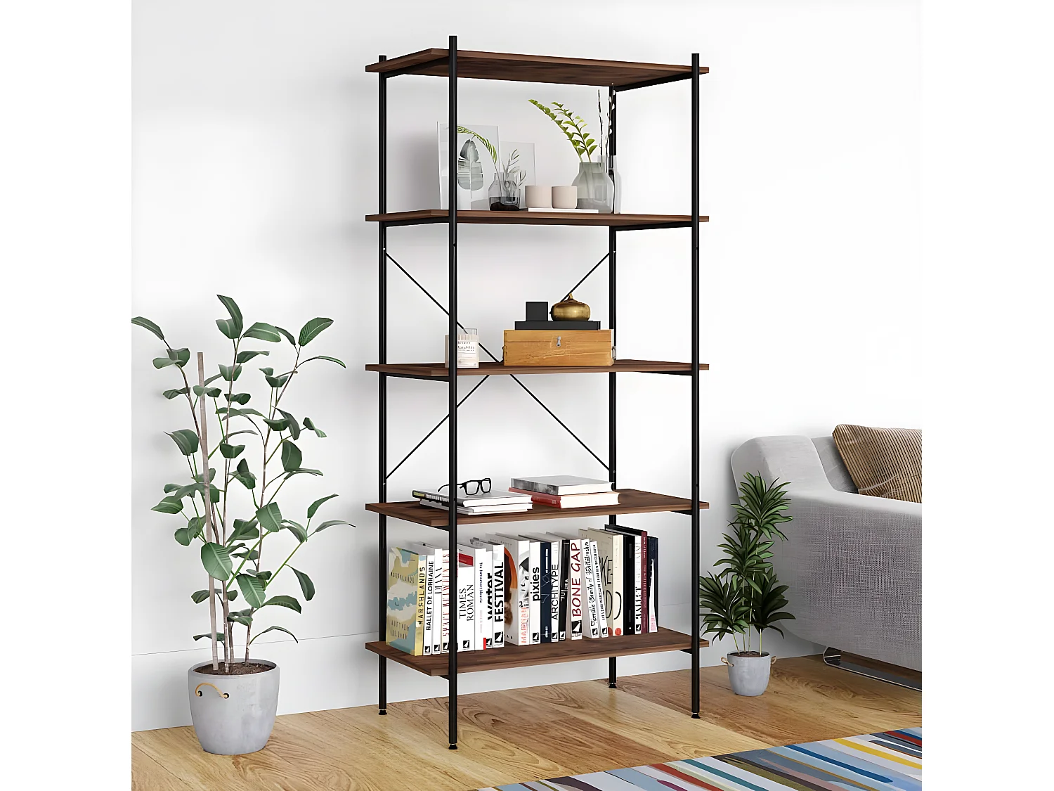 Étagère à 5 niveaux Noir et bois foncé 80x40x163