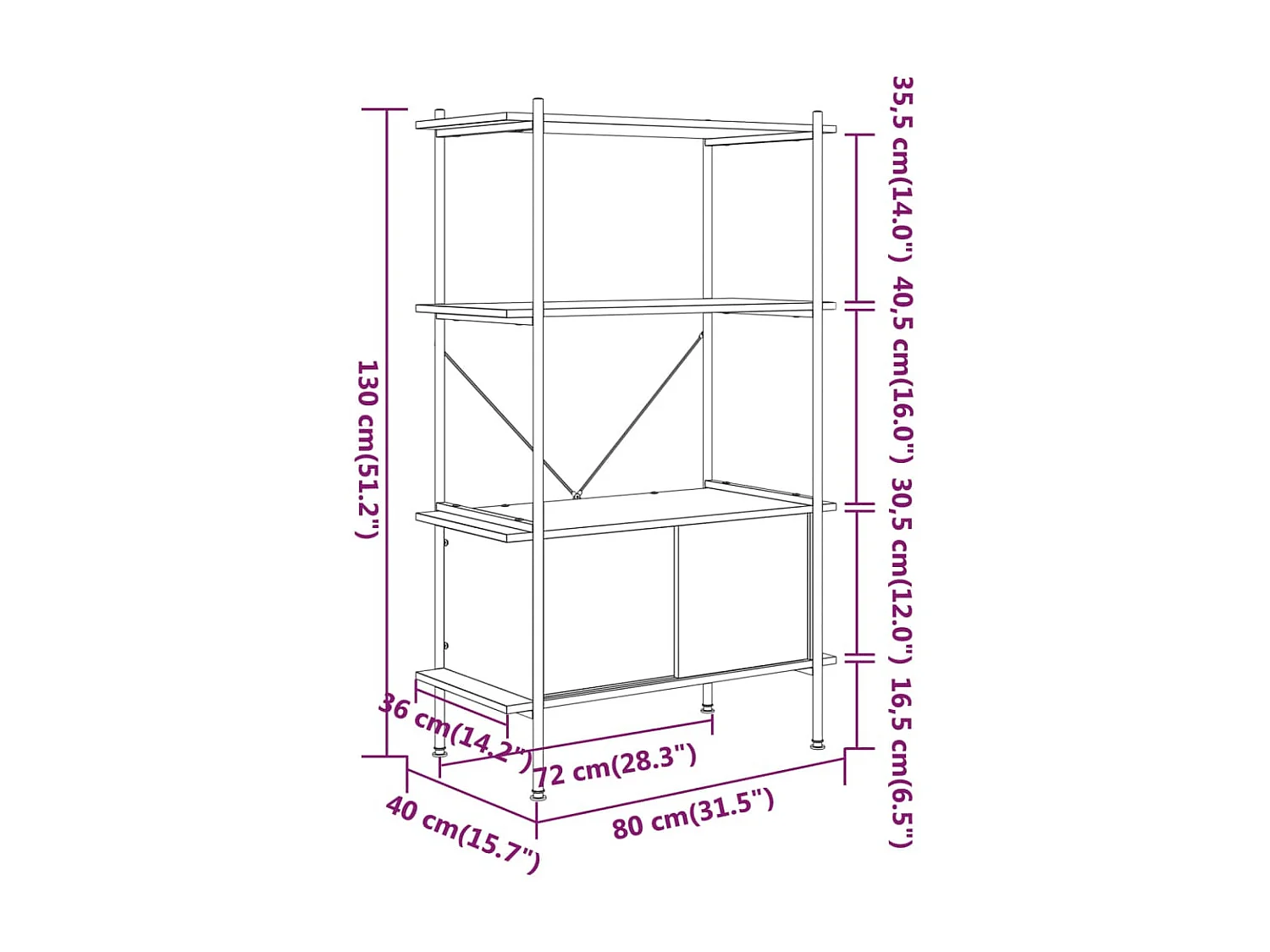 Étagère à 4 niveaux armoire 80x40x130 Acier bois d'ingénierie