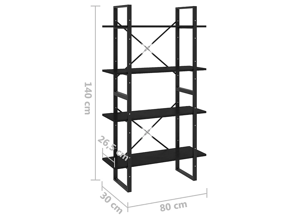 Bibliothèque à 4 niveaux Noir 80x30x140 Bois de pin massif