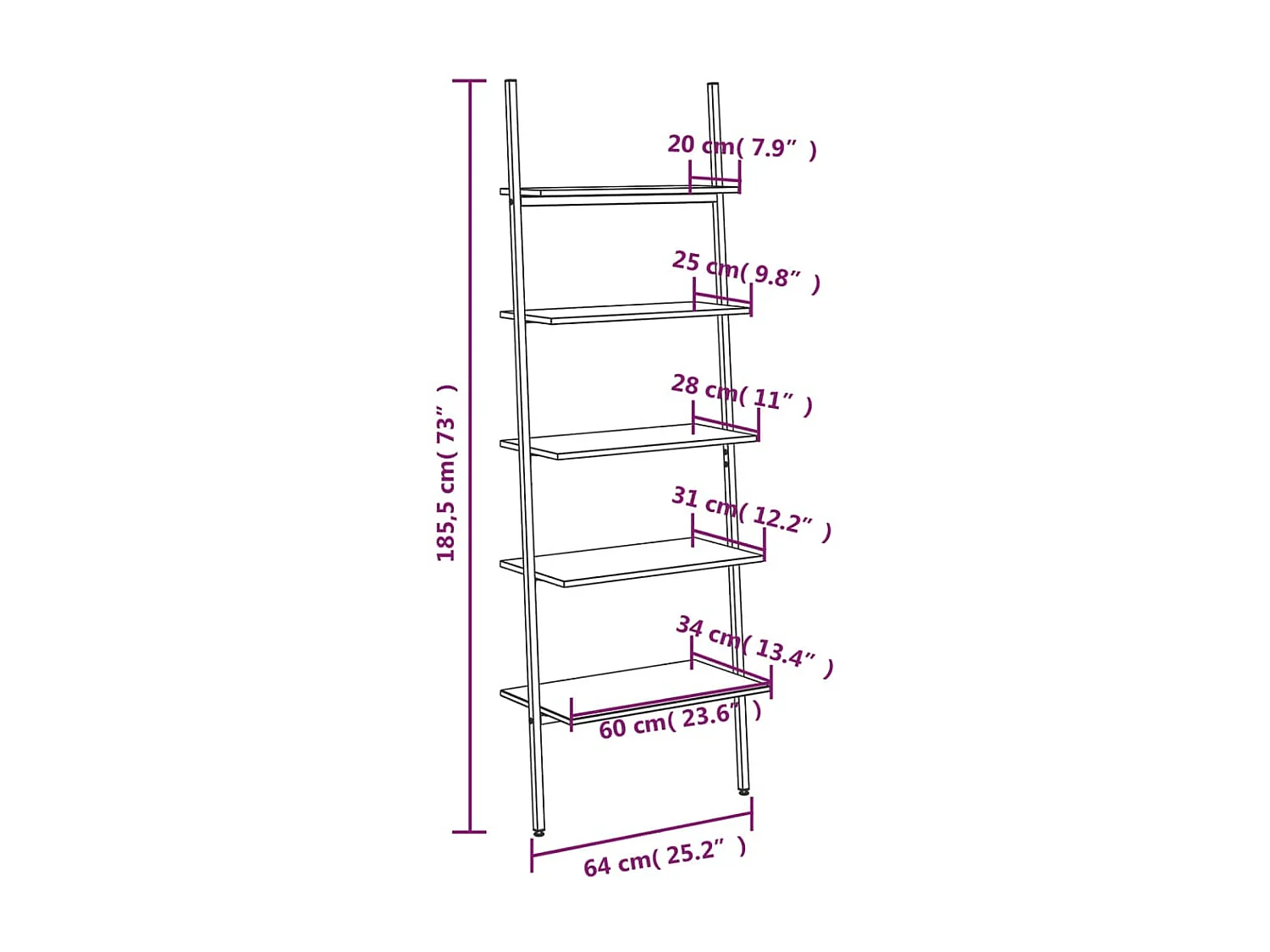 Étagère inclinée à 5 niveaux Marron clair et noir 64x34x185,5