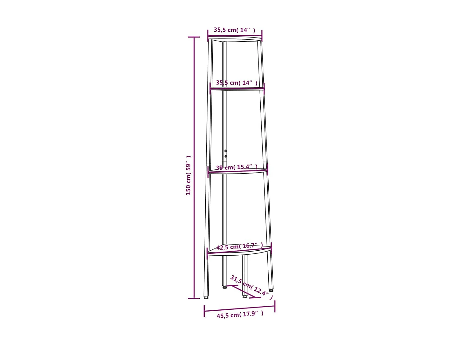 Étagère d'angle 4 niveaux Noir 45,5x31,5x150