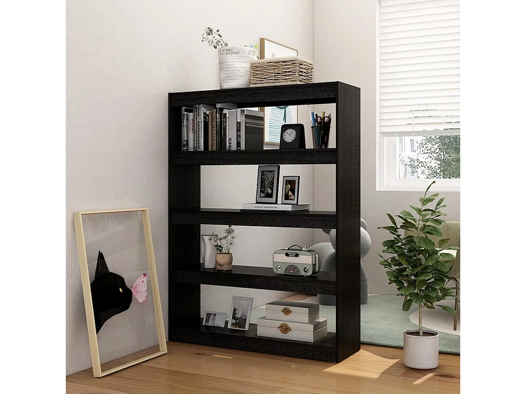 Bibliothèque-Séparateur de pièce Noir 100x30x135,5 Pin massif