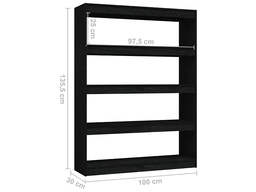 Bibliothèque-Séparateur de pièce Noir 100x30x135,5 Pin massif