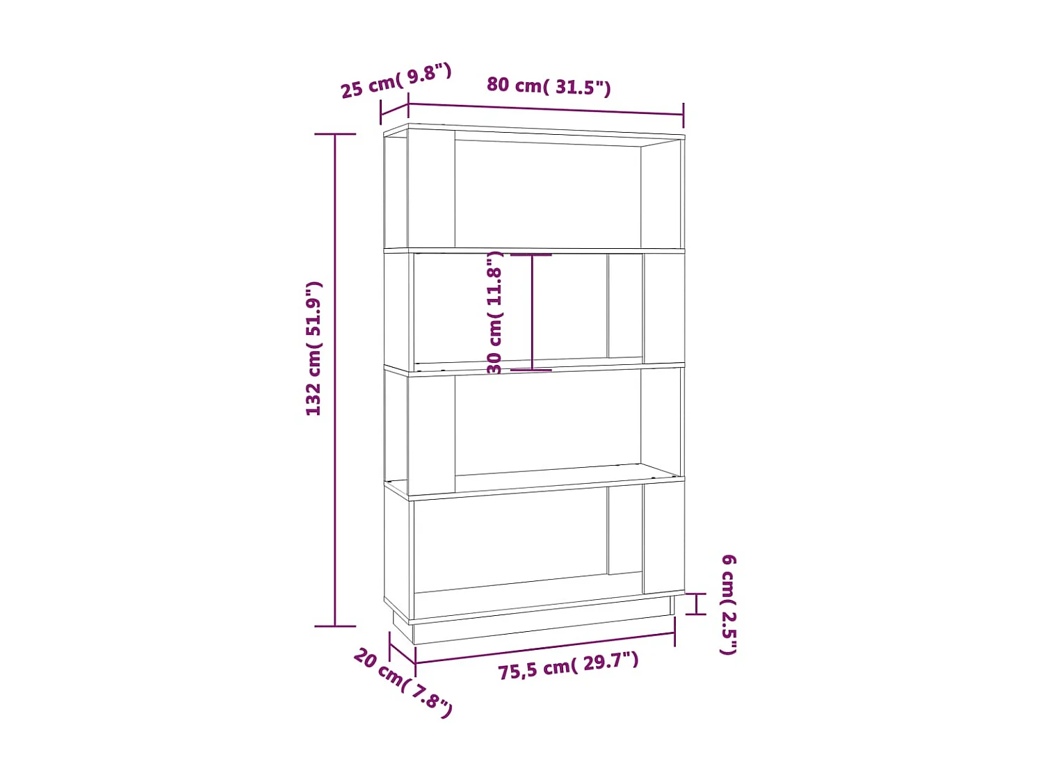 Bibliothèque-Séparateur de pièce 80x25x132 Pin solide