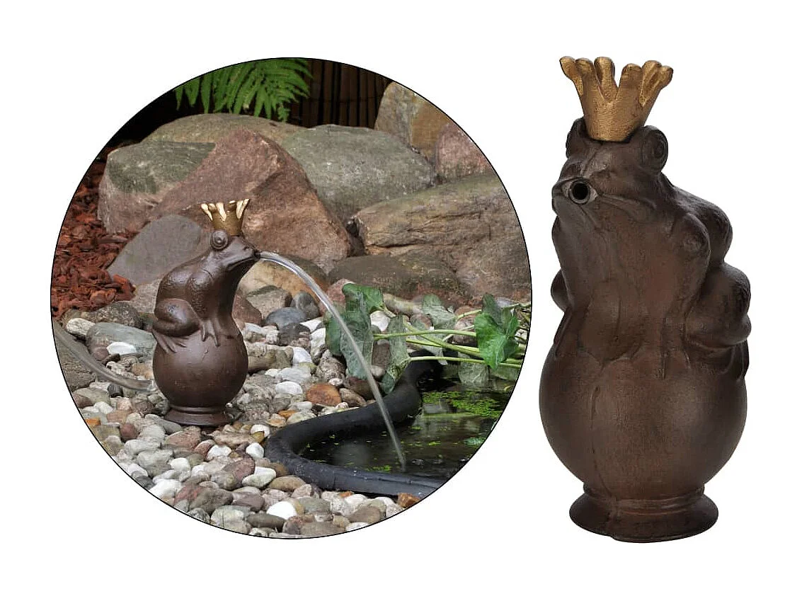 Fuente de metal con forma de rey rana marrón