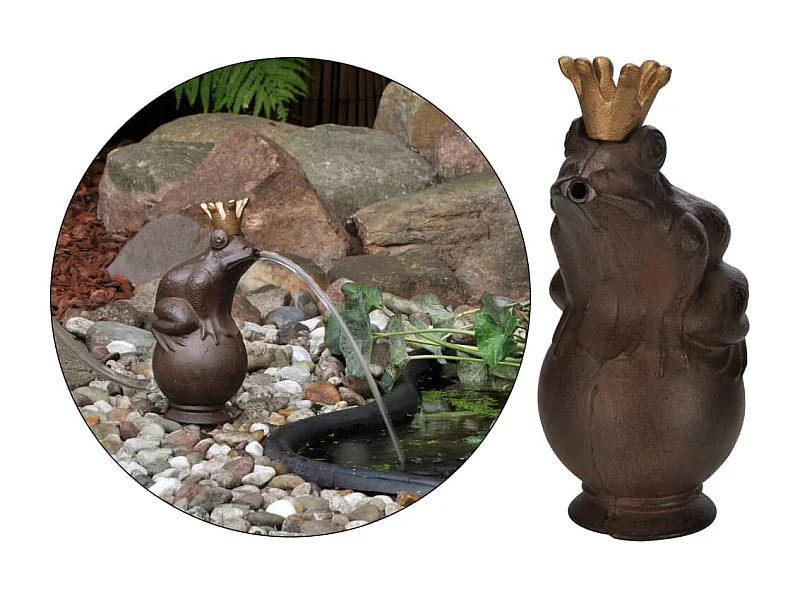 Fuente de metal con forma de rey rana marrón