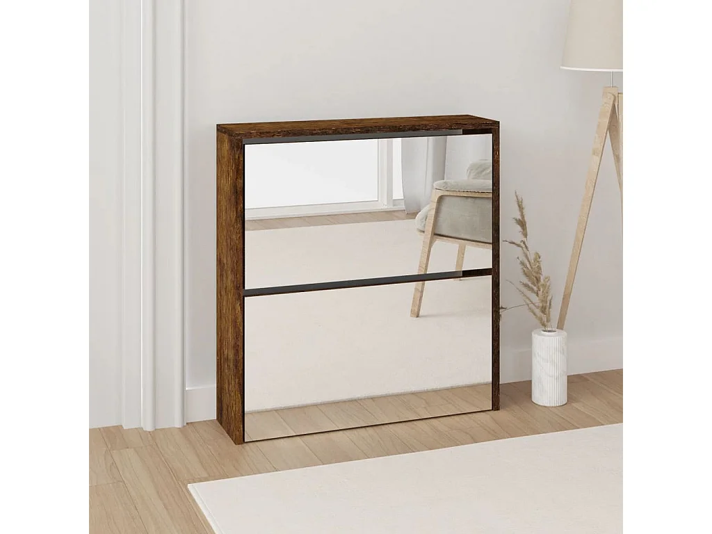 Armoire à chaussures miroir à 2 niveaux Chêne fumé 63x17x67