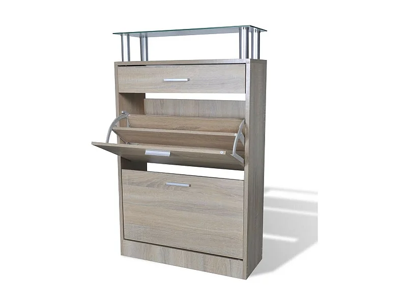 Meuble à chaussures avec tiroir et plateau en verre Bois Aspect chêne