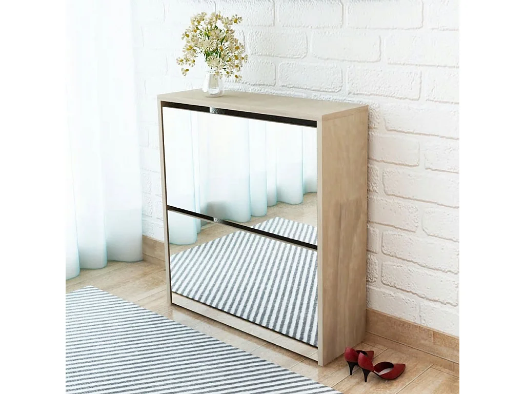 Meuble à chaussures 2 étages avec miroir 63 x 17x67 Chêne
