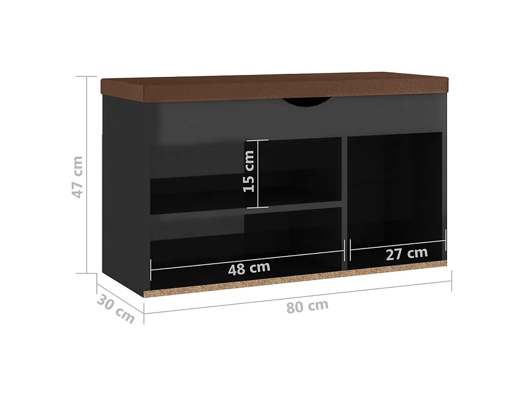 Banc à chaussures et coussin Noir brillant 80x30x47