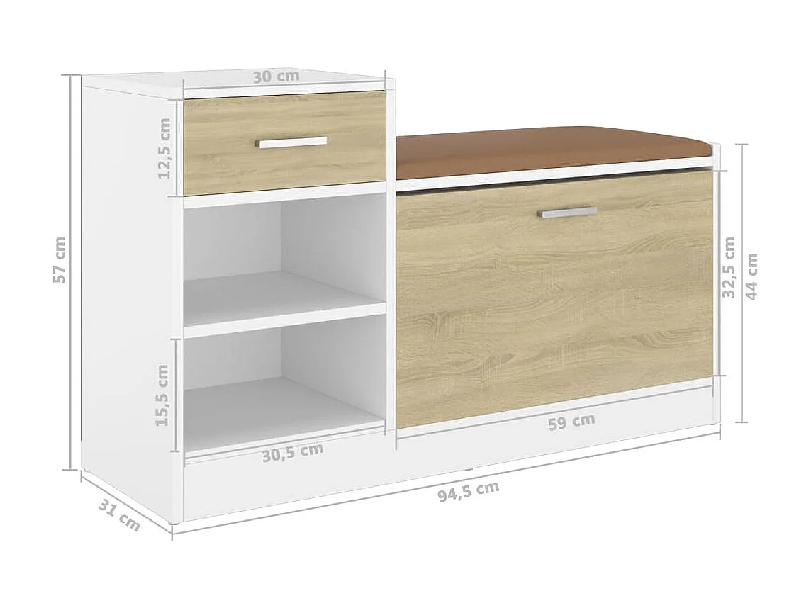 Banc à chaussures Chêne et blanc Sonoma 94,5x31x57