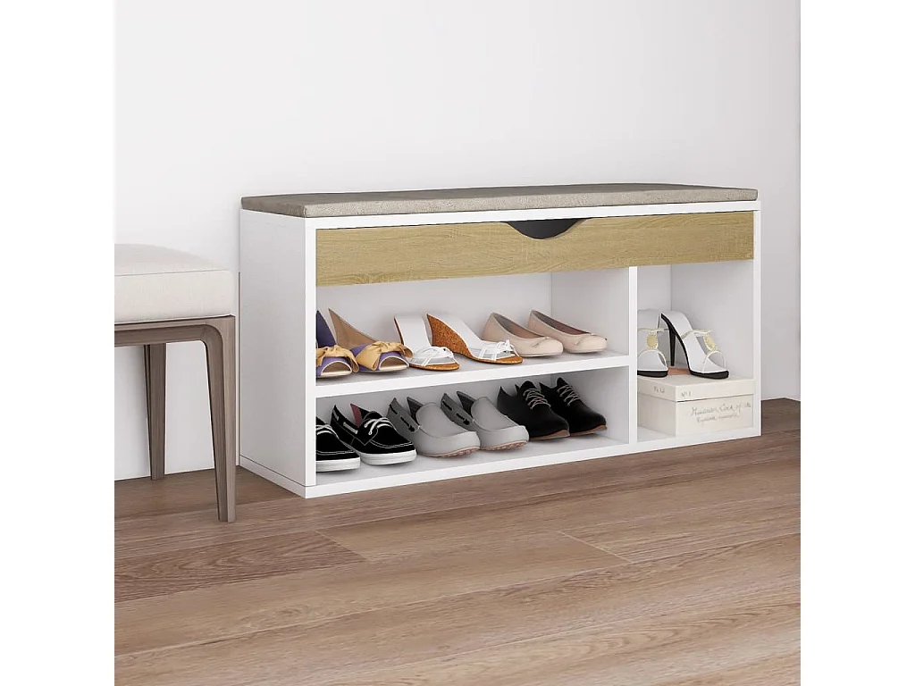 Banc à chaussures coussin Blanc et chêne 104x30x49