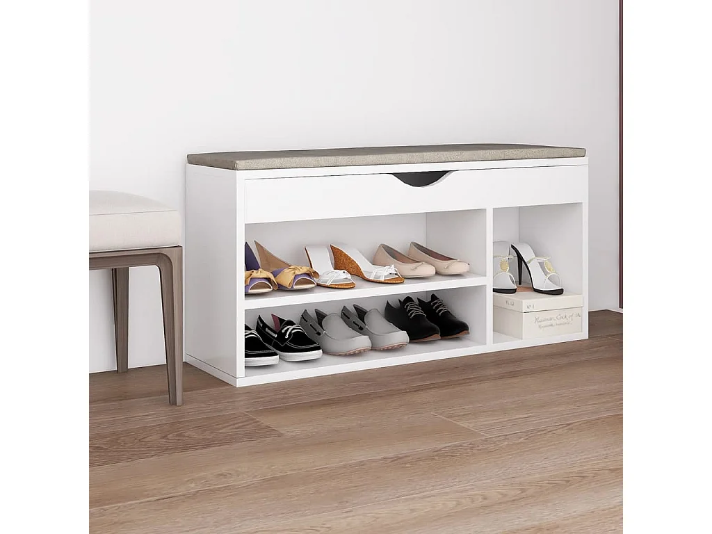 Schoenenbank met kussen 104x30x49 cm bewerkt hout wit