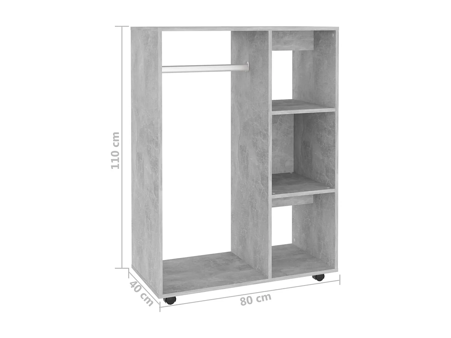 Petite armoire dressing sur roulette 1 penderie 3 étagères 80cm - Collection Event-Gris béton