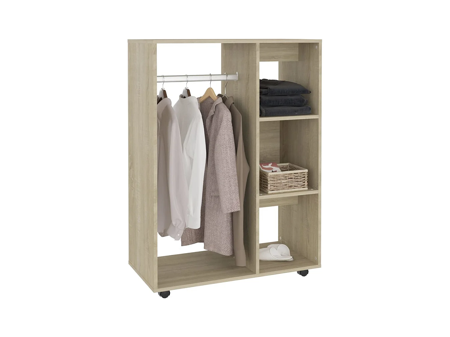 Petite armoire dressing sur roulette 1 penderie 3 étagères 80cm - Collection Event-Chêne clair