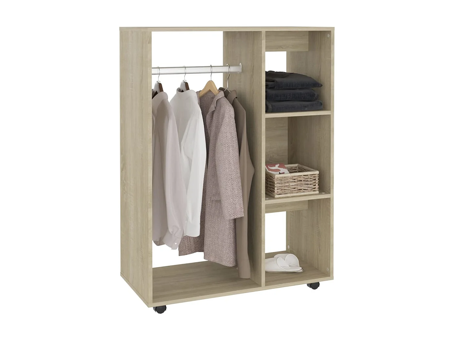 Petite armoire dressing sur roulette 1 penderie 3 étagères 80cm - Collection Event-Chêne clair