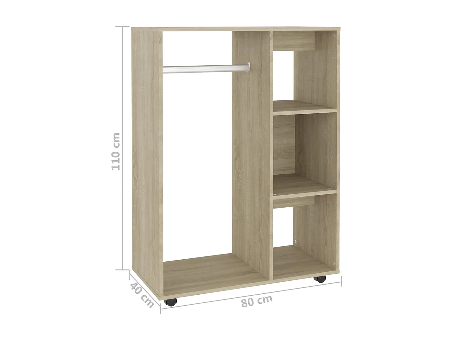 Petite armoire dressing sur roulette 1 penderie 3 étagères 80cm - Collection Event-Chêne clair