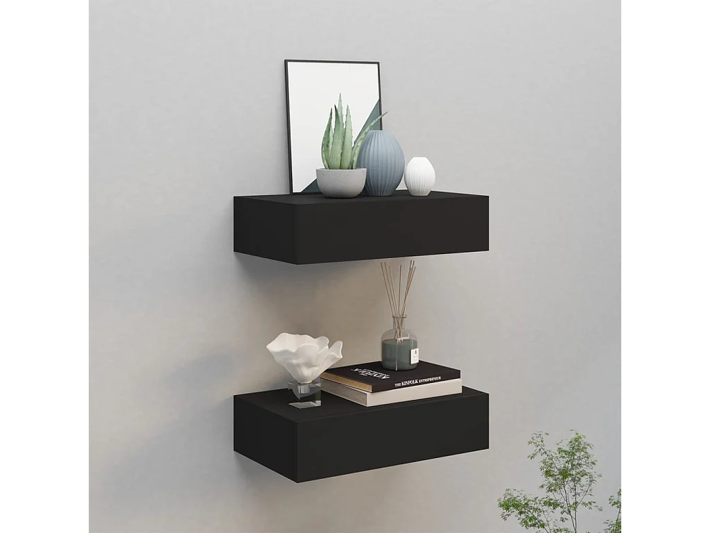 Étagères à tiroirs murales 2 pcs Noir 40x23,5x10 MDF