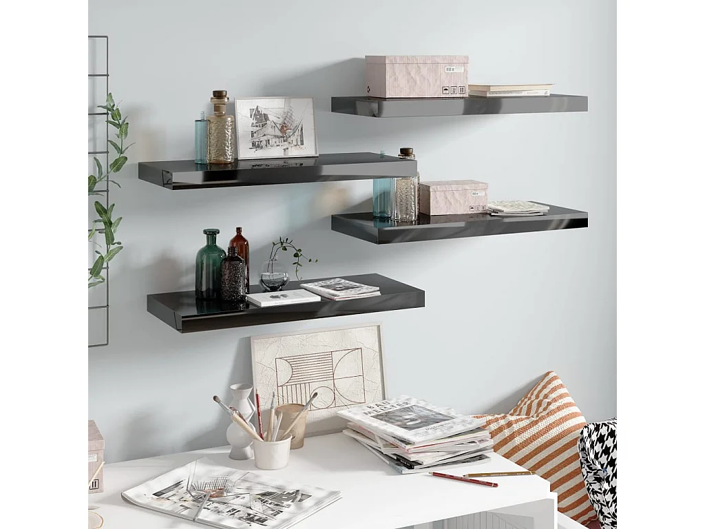 Étagère murale flottante 4 pcs Noir brillant 60x23,5x3,8 MDF