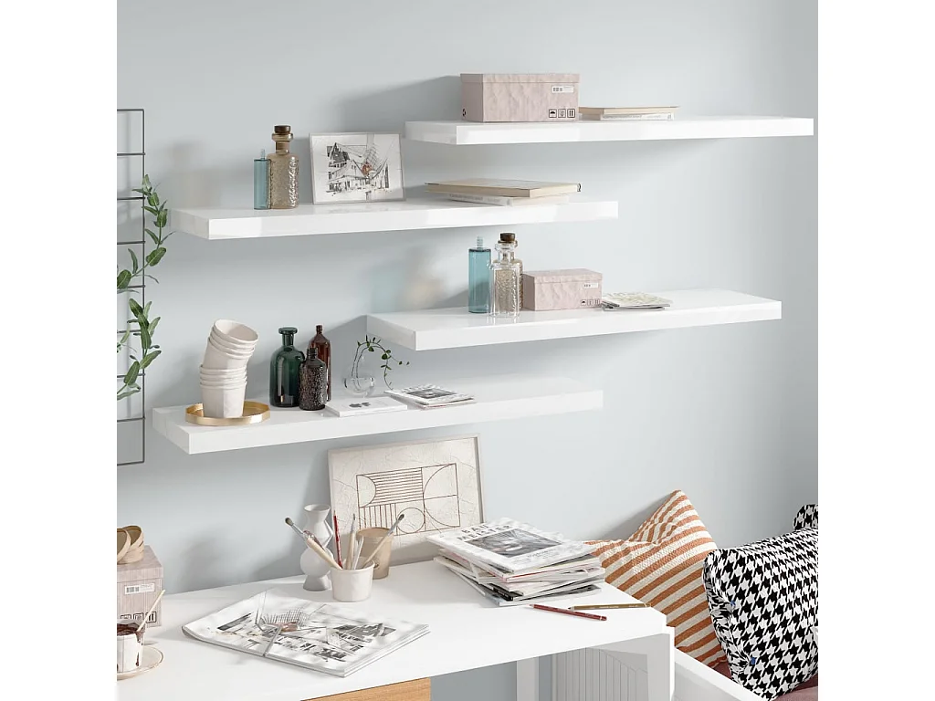 Étagère murale flottante 4 pcs Blanc brillant 90x23,5x3,8 MDF