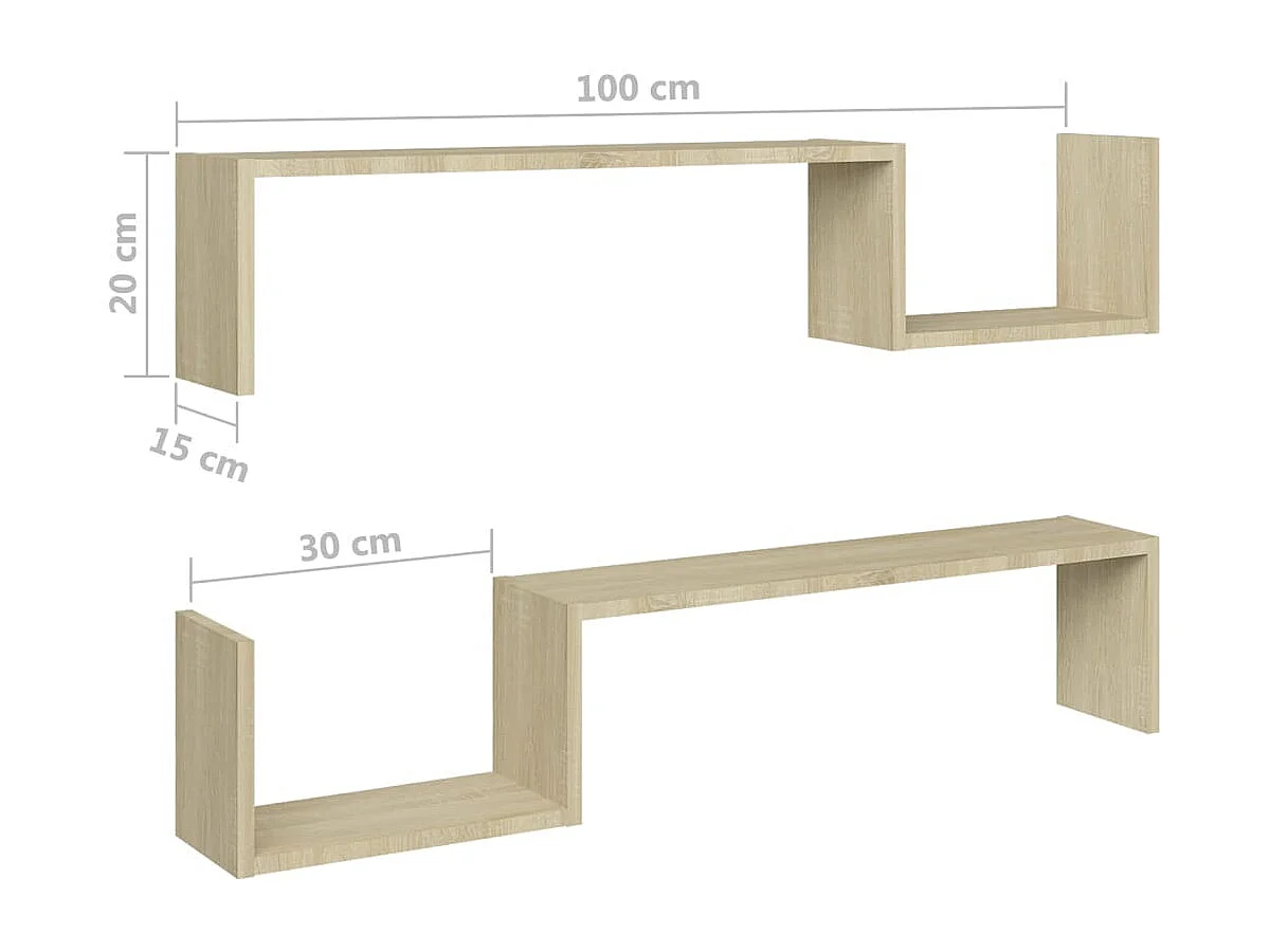 Lot de 2 étagères murales en bois Kolika L100xH20xP15 – Collection originale-Chêne clair