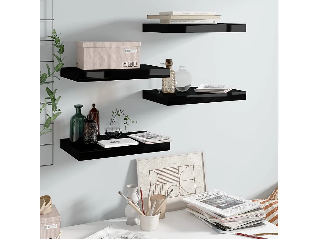 Étagère murale flottante 4 pcs Noir brillant 40x23x3,8 MDF